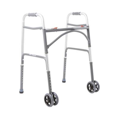 Bariatric Dual Release Folding Walker with Wheels Adjustable Height McKesson Steel Frame 500 lbs. Weight Capacity 32 to 39 Inch Height