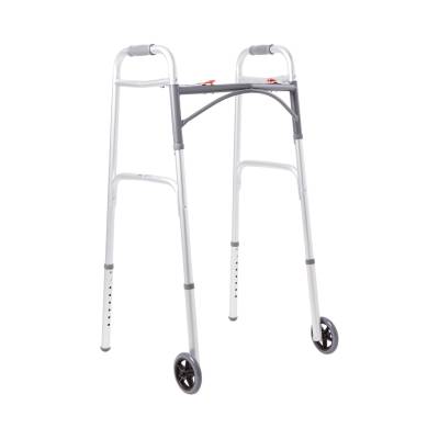 Dual Release Folding Walker with Wheels Adjustable Height McKesson Aluminum Frame 350 lbs. Weight Capacity 32 to 39 Inch Height  1 Per Case