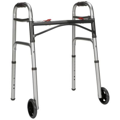 Dual Release Folding Walker with Wheels Adjustable Height McKesson Aluminum Frame 350 lbs. Weight Capacity 25 to 32-1/4 Inch Height 4 Per Case