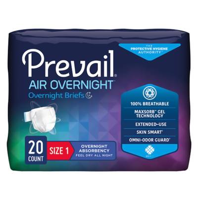 Unisex Adult Incontinence Brief Prevail Air™ Overnight Size 1 / Medium Disposable Heavy Absorbency