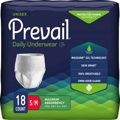 Unisex Adult Absorbent Underwear Prevail® Daily Underwear Maximum Pull On with Tear Away Seams Small / Medium Disposable Heavy Absorbency