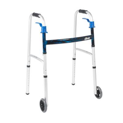 Dual Trigger Release Folding Walker with Wheels Adjustable Height drive™ Aluminum Frame 350 lbs. Weight Capacity 32 to 39 Inch Height